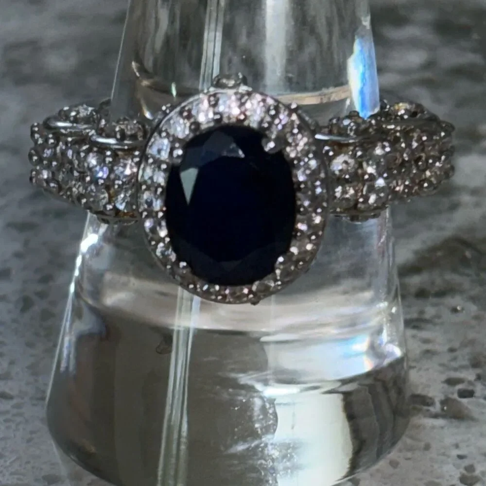 New 925 silver STS medium blue sapphire/ CZ cushion/halo ring Sz 9 fancy setting